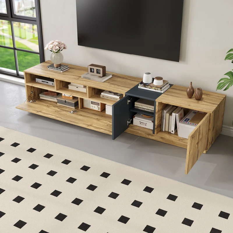 Meuble TV effet bois design asymétrique 3 portes et gris RAVINECALL