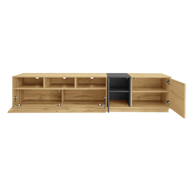 Meuble TV effet bois design asymétrique 3 portes et gris RAVINECALL
