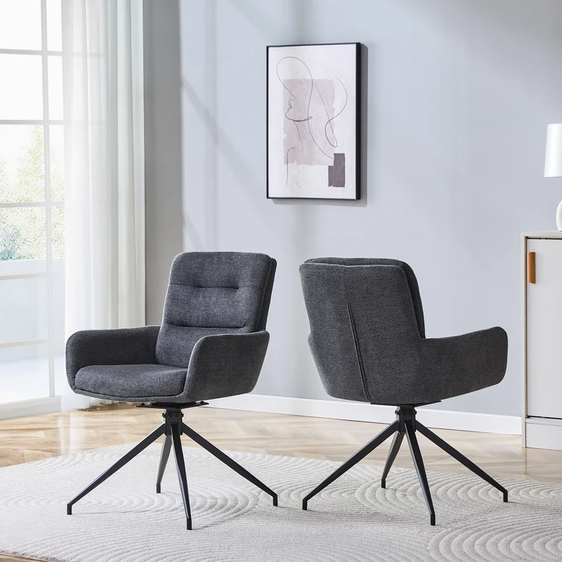 Lot de 2 chaises pivotantes 360° en lin gris foncé et pieds métal noir FLAREVYR