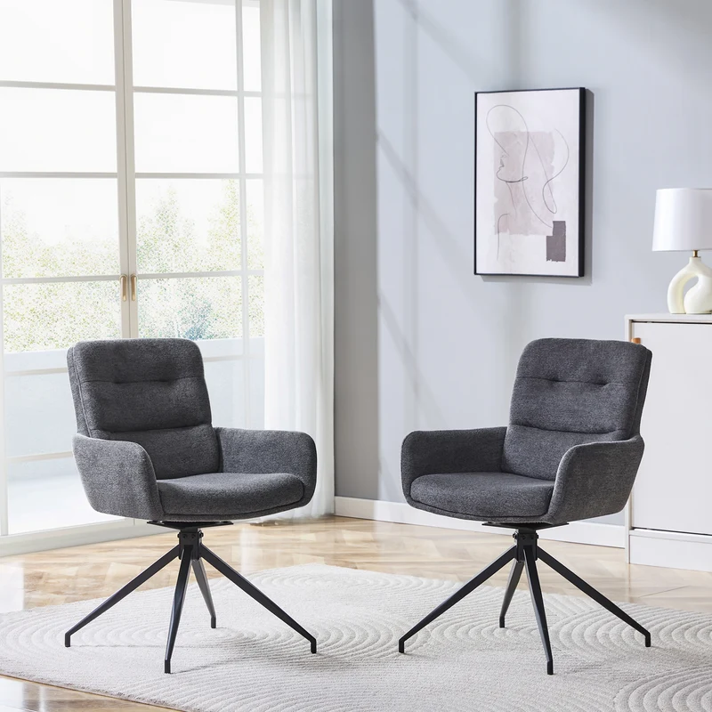 Lot de 2 chaises pivotantes 360° en lin gris foncé et pieds métal noir FLAREVYR