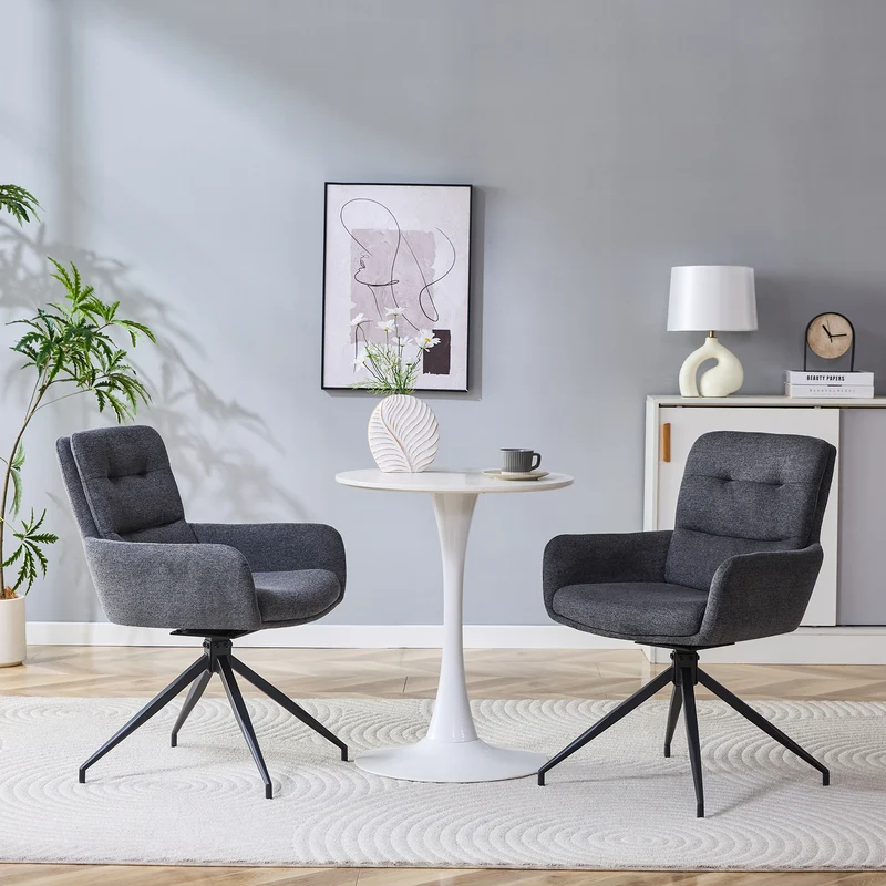 Lot de 2 chaises pivotantes 360° en lin gris foncé et pieds métal noir FLAREVYR