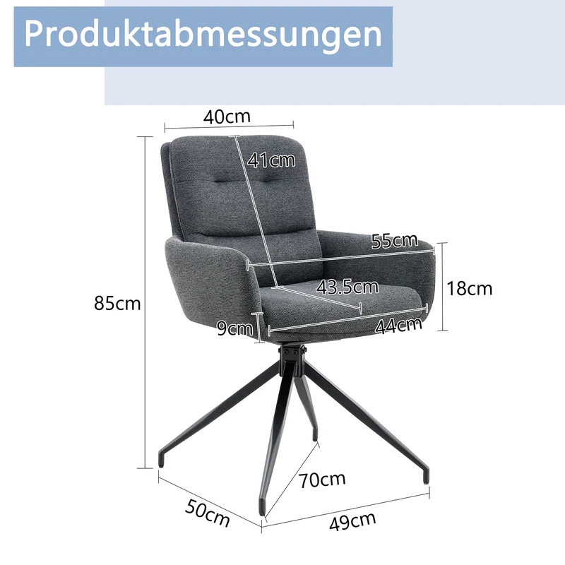 Lot de 2 chaises pivotantes 360° en lin gris foncé et pieds métal noir FLAREVYR