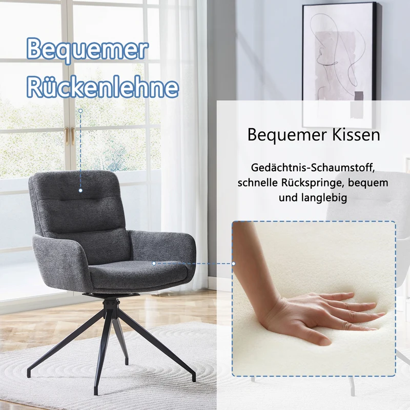 Lot de 2 chaises pivotantes 360° en lin gris foncé et pieds métal noir FLAREVYR