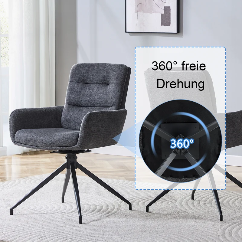 Lot de 2 chaises pivotantes 360° en lin gris foncé et pieds métal noir FLAREVYR