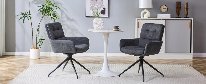 Lot de 2 chaises pivotantes 360° en lin gris foncé et pieds métal noir FLAREVYR