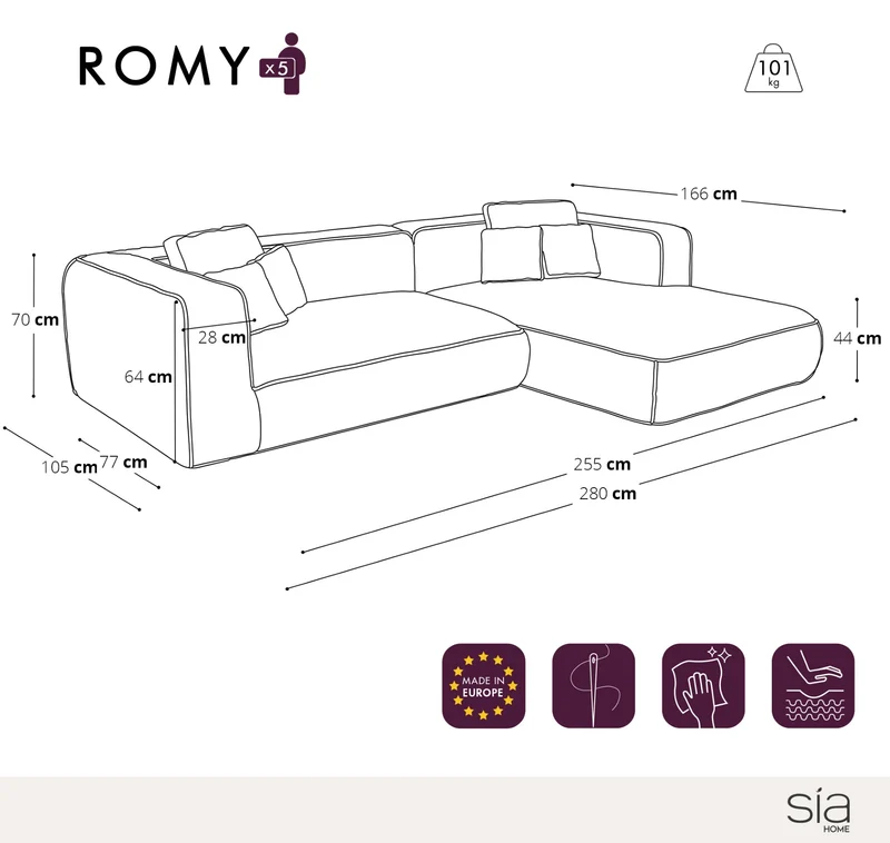 Canapé d'angle droit 280cm ROMY Velours tramé