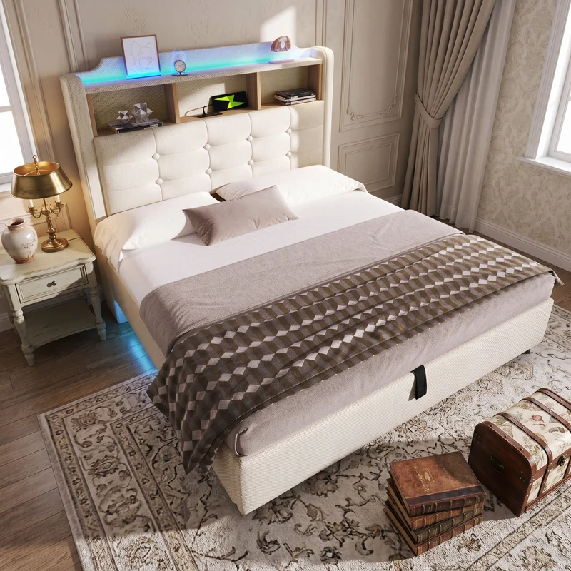 Lit coffre double capitonné en lin beige et éclairage LED avec ports USB 140*200cm CHROMECURTAIN