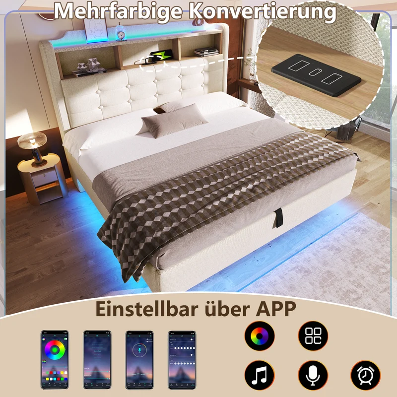 Lit coffre double capitonné en lin beige et éclairage LED avec ports USB 140*200cm CHROMECURTAIN