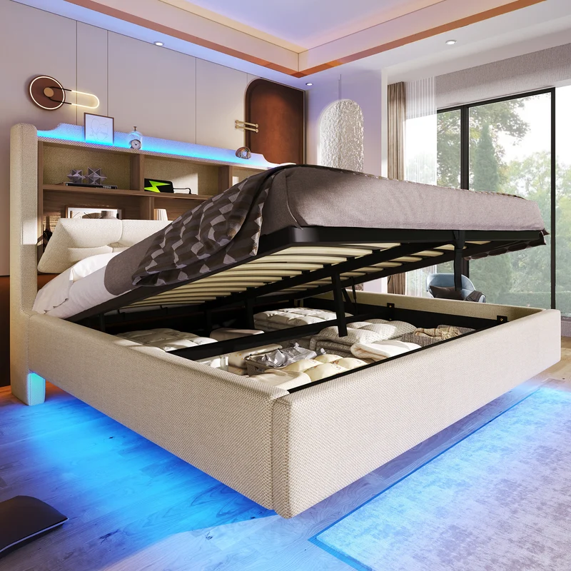 Lit coffre double capitonné en lin beige et éclairage LED avec ports USB 140*200cm CHROMECURTAIN