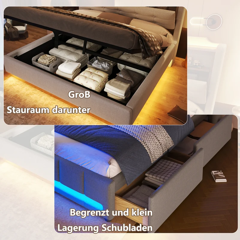 Lit coffre double capitonné en lin beige et éclairage LED avec ports USB 140*200cm CHROMECURTAIN