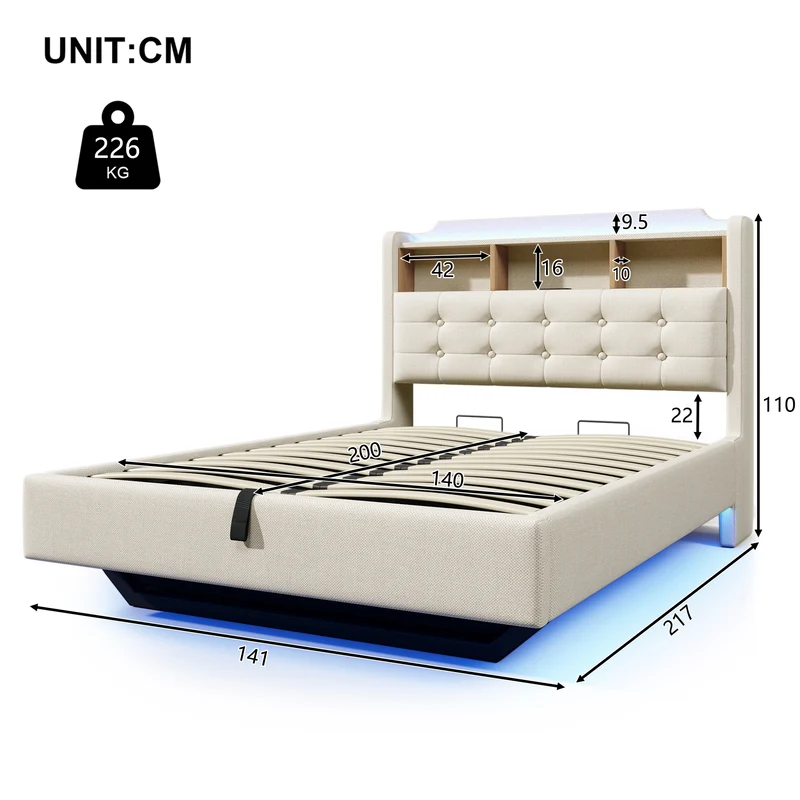 Lit coffre double capitonné en lin beige et éclairage LED avec ports USB 140*200cm CHROMECURTAIN
