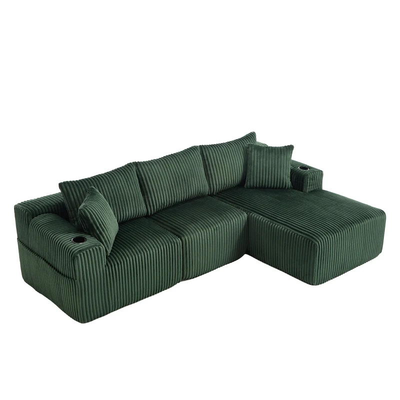 Canapé d'angle 3 places en velours côtelé vert émeraude, 5 coussins, poches latérales, porte-gobelet, sans montage FABRIC CEILING