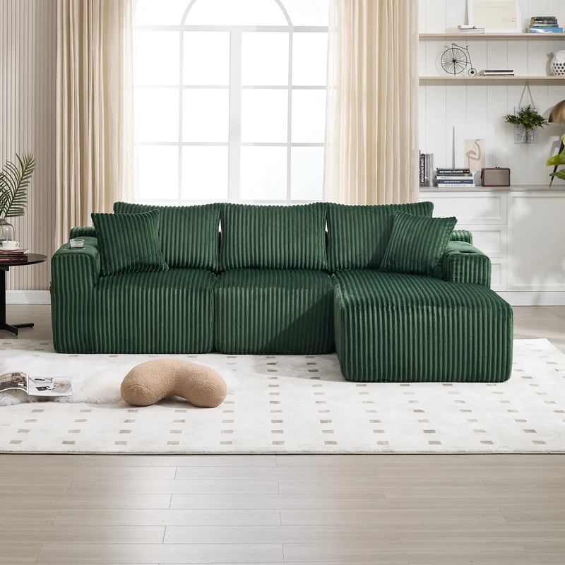 Canapé d'angle 3 places en velours côtelé vert émeraude, 5 coussins, poches latérales, porte-gobelet, sans montage FABRIC CEILING