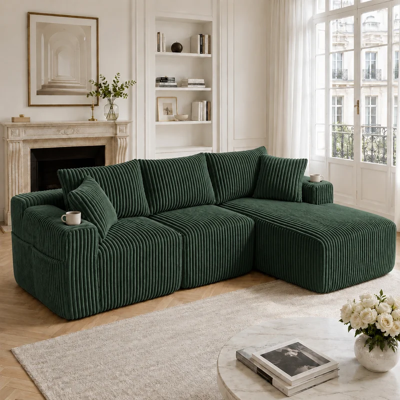 Canapé d'angle 3 places en velours côtelé vert émeraude, 5 coussins, poches latérales, porte-gobelet, sans montage FABRIC CEILING