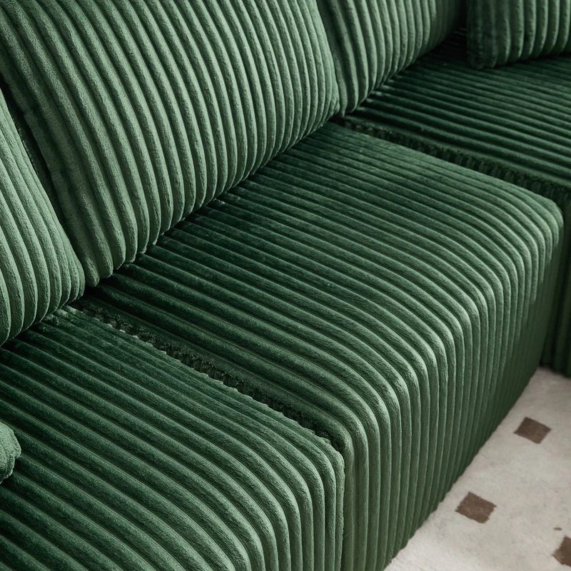 Canapé d'angle 3 places en velours côtelé vert émeraude, 5 coussins, poches latérales, porte-gobelet, sans montage FABRIC CEILING