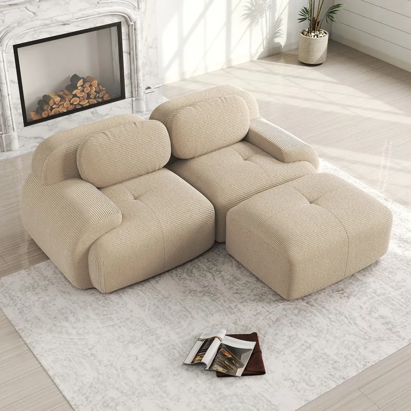 Canapé d'angle modulable en velours côtelé beige avec pouf et accoudoirs courbés, sans montage FLEX CLOCK