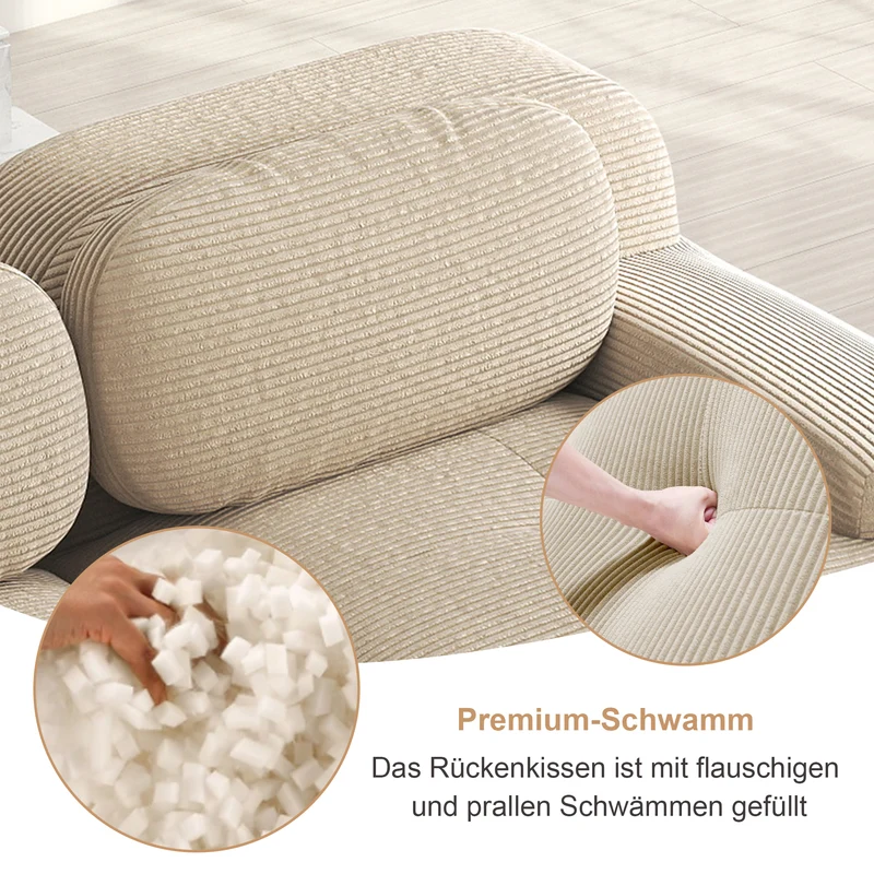Canapé d'angle modulable en velours côtelé beige avec pouf et accoudoirs courbés, sans montage FLEX CLOCK