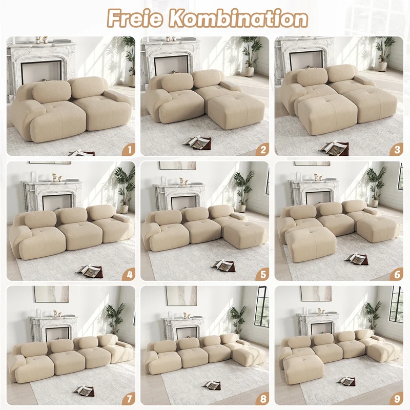 Canapé d'angle modulable en velours côtelé beige avec pouf et accoudoirs courbés, sans montage FLEX CLOCK