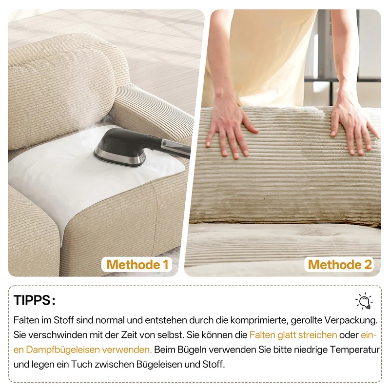 Canapé modulable 4 places en velours côtelé beige et accoudoirs courbés, sans montage FABRIC TABLE