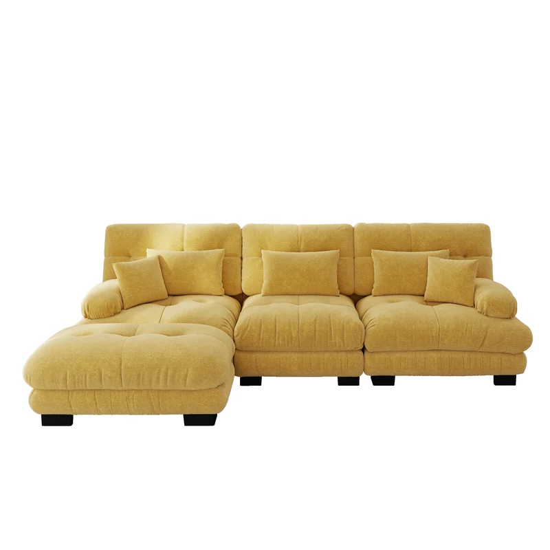 Canapé d'angle 3 places capitonné en chenille jaune, avec pouf 313x145cm ELEGANT WALL ART
