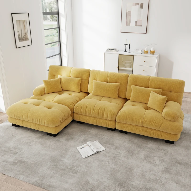 Canapé d'angle 3 places capitonné en chenille jaune, avec pouf 313x145cm ELEGANT WALL ART