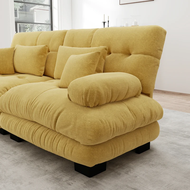 Canapé d'angle 3 places capitonné en chenille jaune, avec pouf 313x145cm ELEGANT WALL ART