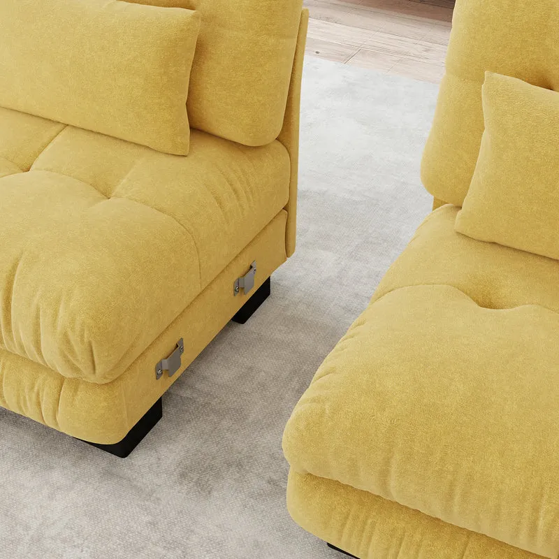 Canapé d'angle 3 places capitonné en chenille jaune, avec pouf 313x145cm ELEGANT WALL ART