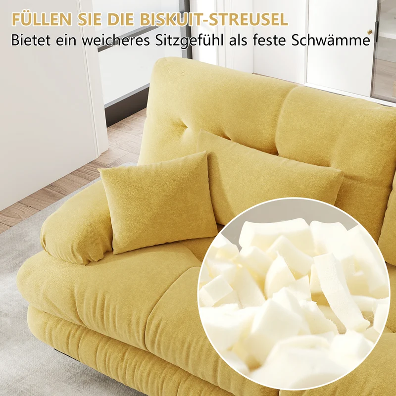 Canapé d'angle 3 places capitonné en chenille jaune, avec pouf 313x145cm ELEGANT WALL ART