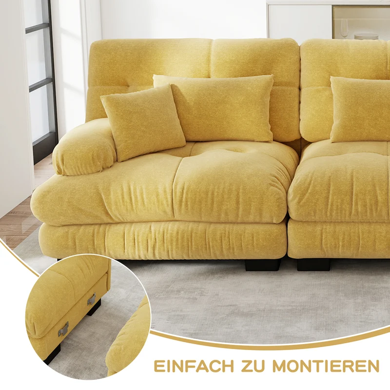 Canapé d'angle 3 places capitonné en chenille jaune, avec pouf 313x145cm ELEGANT WALL ART