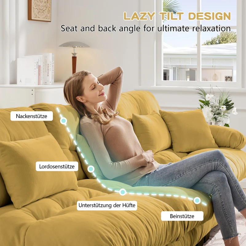 Canapé d'angle 3 places capitonné en chenille jaune, avec pouf 313x145cm ELEGANT WALL ART