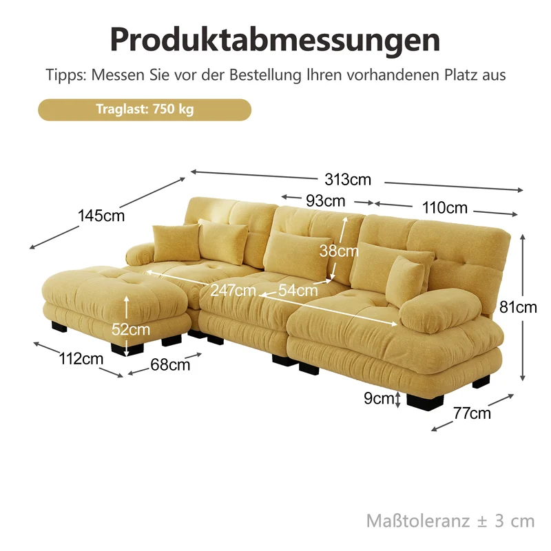 Canapé d'angle 3 places capitonné en chenille jaune, avec pouf 313x145cm ELEGANT WALL ART