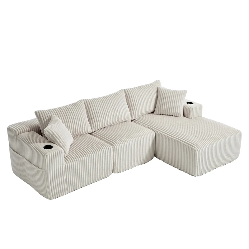 Canapé d'angle 3 places en velours côtelé beige, 5 coussins, poches latérales, porte-gobelet, sans montage FABRIC CHEST