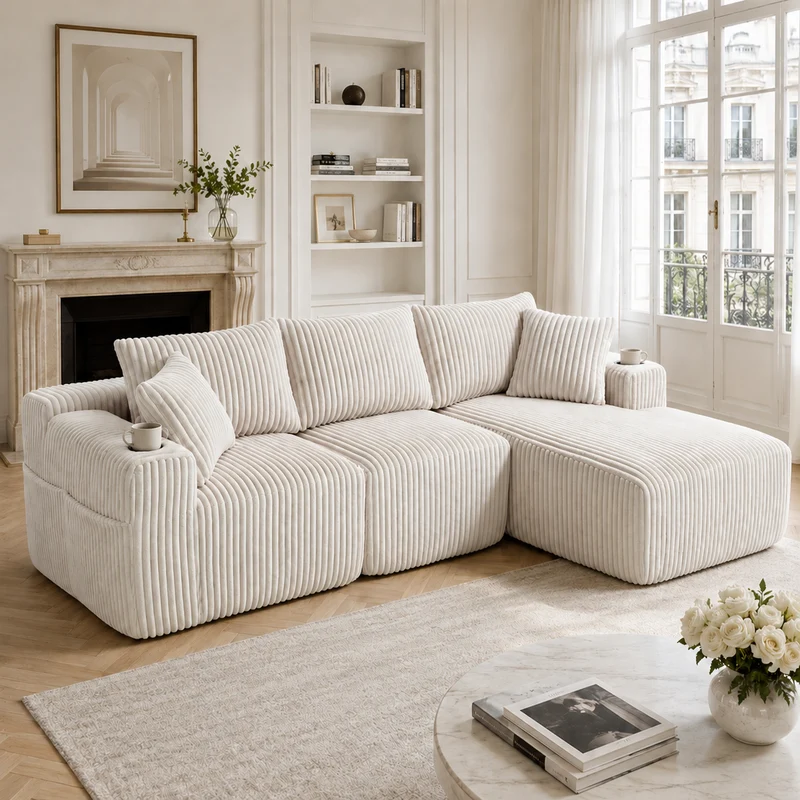 Canapé d'angle 3 places en velours côtelé beige, 5 coussins, poches latérales, porte-gobelet, sans montage FABRIC CHEST