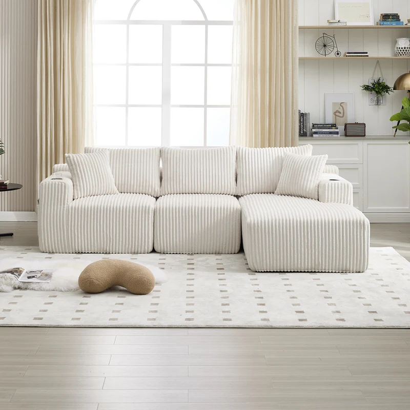 Canapé d'angle 3 places en velours côtelé beige, 5 coussins, poches latérales, porte-gobelet, sans montage FABRIC CHEST