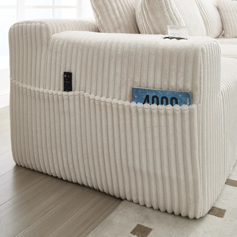 Canapé d'angle 3 places en velours côtelé beige, 5 coussins, poches latérales, porte-gobelet, sans montage FABRIC CHEST