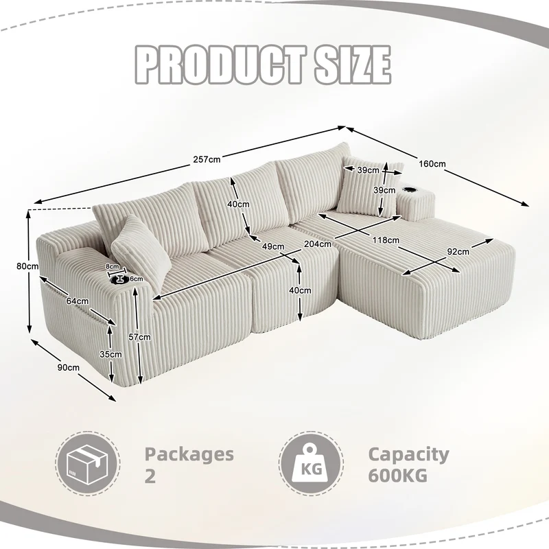 Canapé d'angle 3 places en velours côtelé beige, 5 coussins, poches latérales, porte-gobelet, sans montage FABRIC CHEST