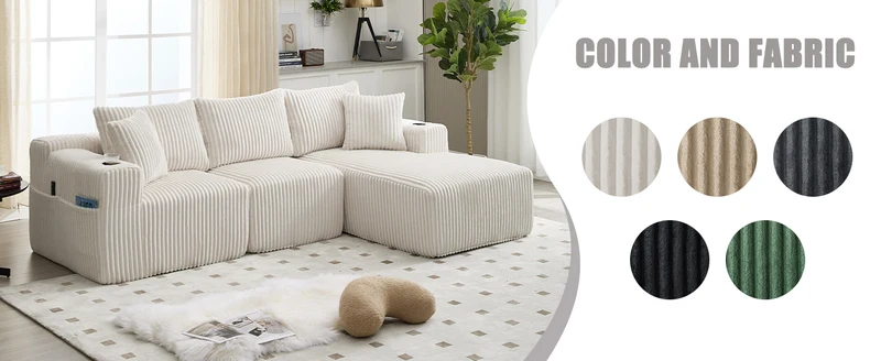 Canapé d'angle 3 places en velours côtelé beige, 5 coussins, poches latérales, porte-gobelet, sans montage FABRIC CHEST