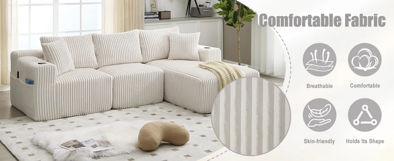 Canapé d'angle 3 places en velours côtelé beige, 5 coussins, poches latérales, porte-gobelet, sans montage FABRIC CHEST