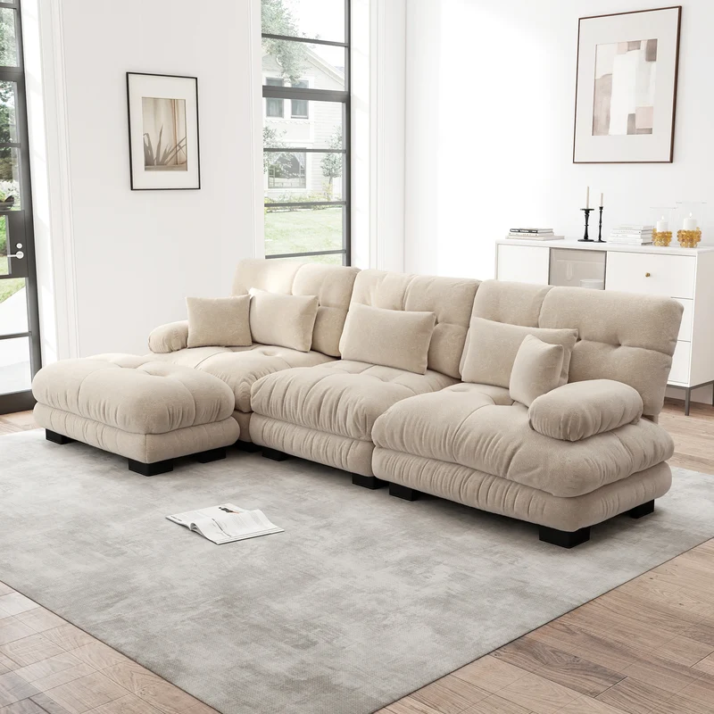 Canapé d'angle 3 places capitonné en chenille beige, avec pouf 313x145cm ELEGANT VASE SET