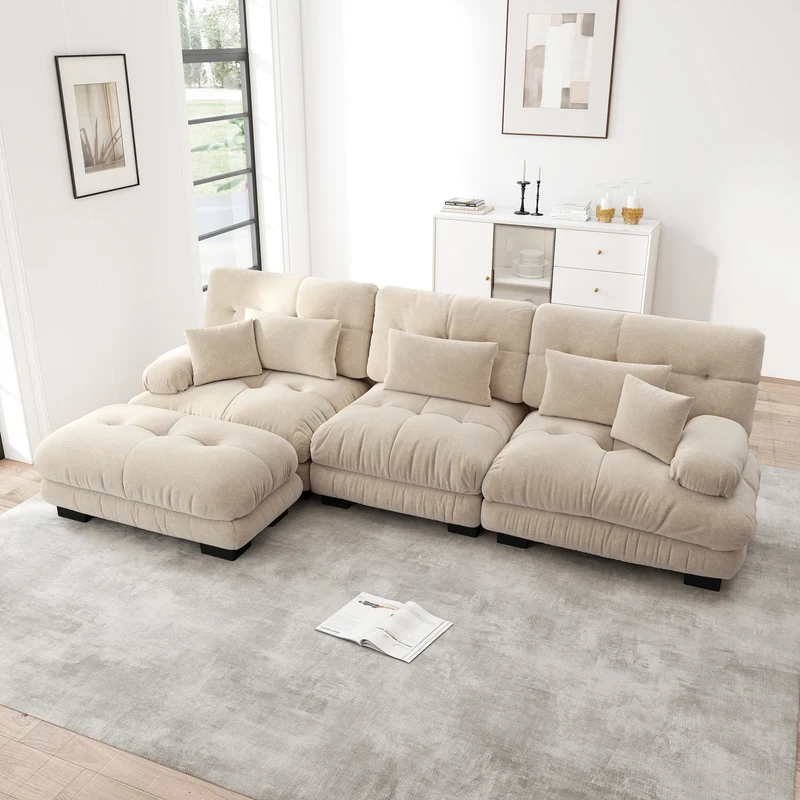 Canapé d'angle 3 places capitonné en chenille beige, avec pouf 313x145cm ELEGANT VASE SET