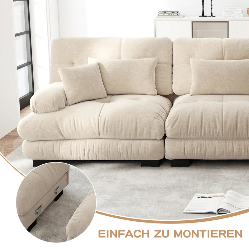 Canapé d'angle 3 places capitonné en chenille beige, avec pouf 313x145cm ELEGANT VASE SET