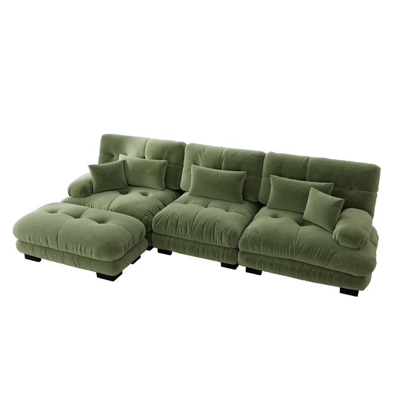 Canapé d'angle 3 places capitonné en chenille vert, avec pouf 313x145cm ELEGANT WALL HOME