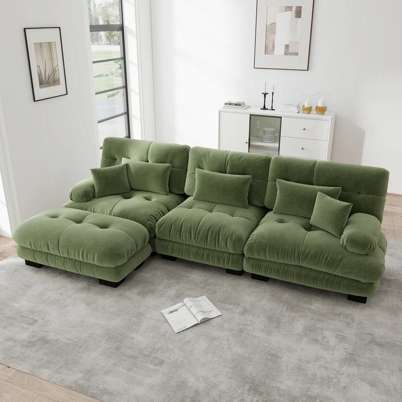 Canapé d'angle 3 places capitonné en chenille vert, avec pouf 313x145cm ELEGANT WALL HOME