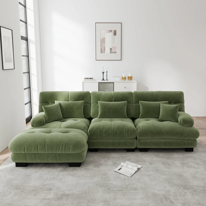 Canapé d'angle 3 places capitonné en chenille vert, avec pouf 313x145cm ELEGANT WALL HOME