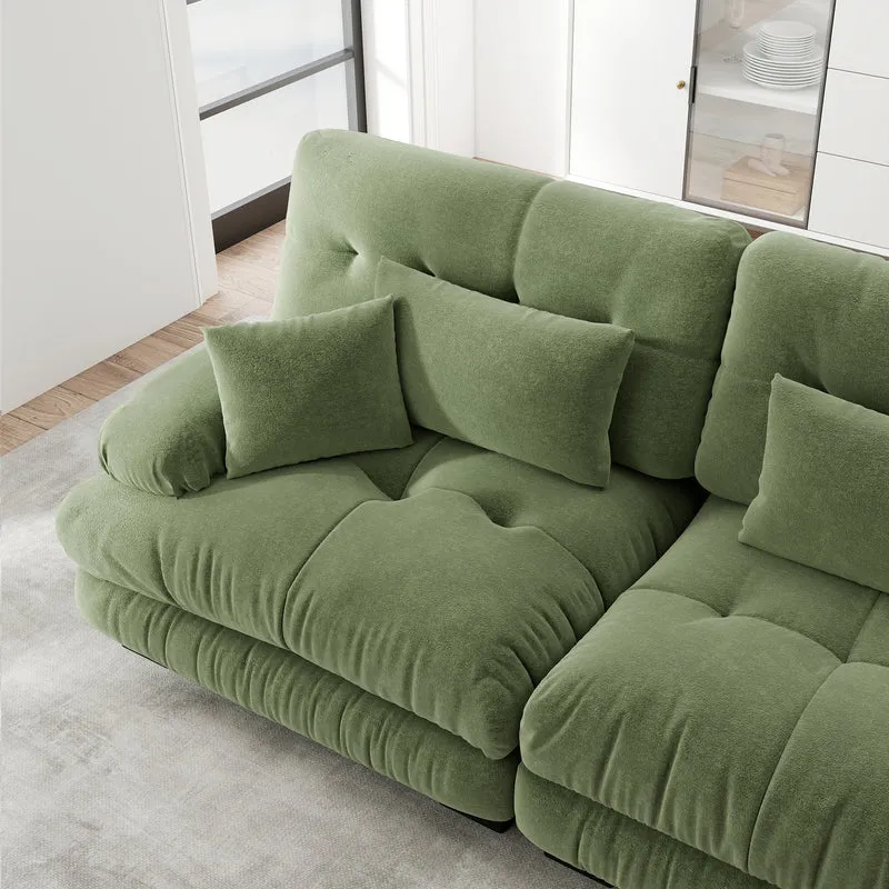 Canapé d'angle 3 places capitonné en chenille vert, avec pouf 313x145cm ELEGANT WALL HOME