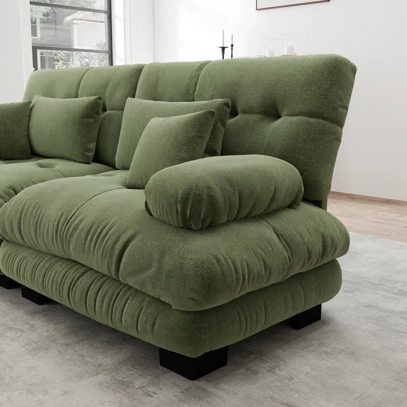 Canapé d'angle 3 places capitonné en chenille vert, avec pouf 313x145cm ELEGANT WALL HOME