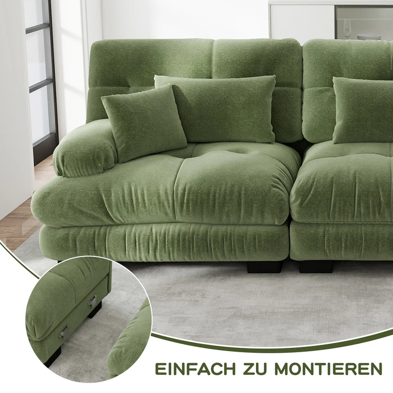 Canapé d'angle 3 places capitonné en chenille vert, avec pouf 313x145cm ELEGANT WALL HOME