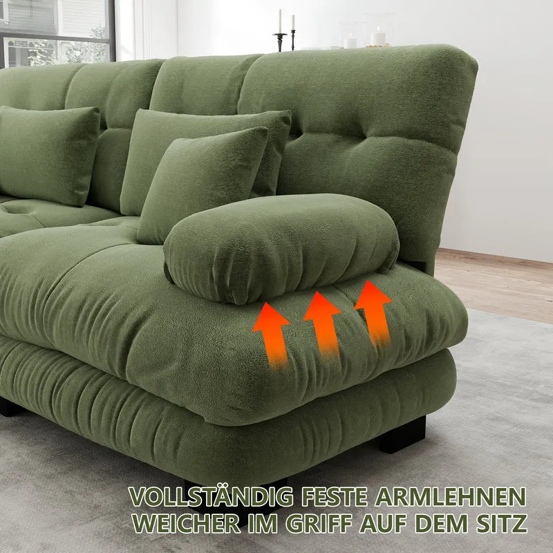 Canapé d'angle 3 places capitonné en chenille vert, avec pouf 313x145cm ELEGANT WALL HOME
