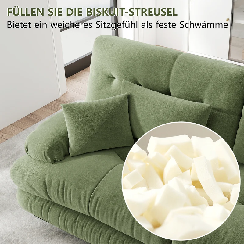 Canapé d'angle 3 places capitonné en chenille vert, avec pouf 313x145cm ELEGANT WALL HOME