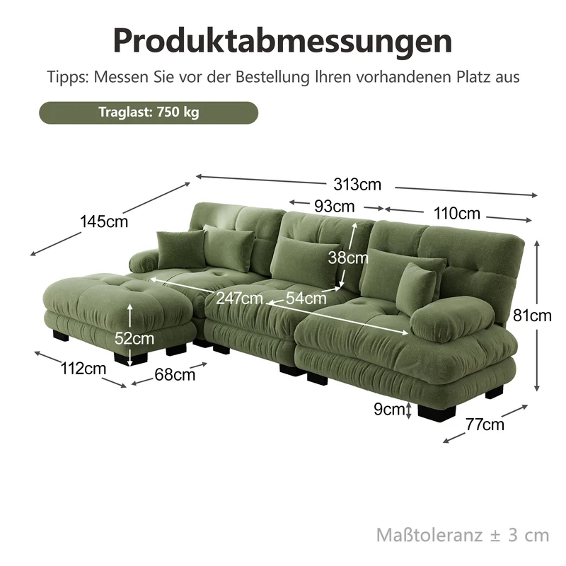 Canapé d'angle 3 places capitonné en chenille vert, avec pouf 313x145cm ELEGANT WALL HOME